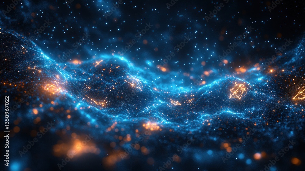 Poster abstract digital wave patterns, glowing particles, dark background