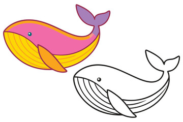 Adorable Cartoon Whale Illustration Pink Yellow Purple Ocean Animal Coloring Page
