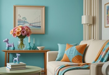 Living room with flowers, art, sofa, and decorative dog sculptures