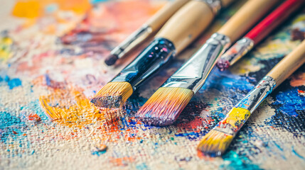 Obraz premium Artistic array of paint brushes and palette laid on a canvas with vibrant paint splashes highlighting the tools of creative expression and artistry.