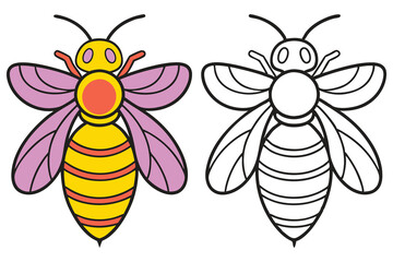 Adorable Cartoon Bee Illustration Coloring Page for Kids Featuring a Colorful Bee and a Black and White Outline Bee
