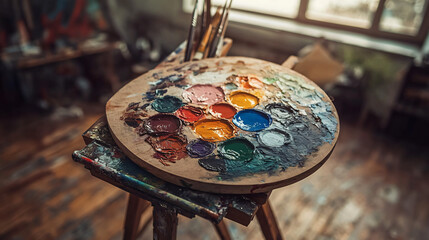 Artistically arranged palette on table featuring a spectrum of colors perfectly lit by soft natural light ideal for creative inspiration and art.