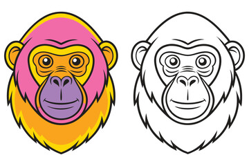 Vibrant and Monochromatic Illustrations of a Monkey Head for Coloring Pages and Creative Projects