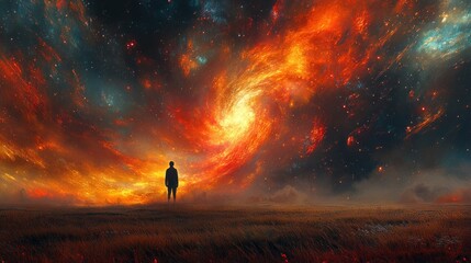 Fototapeta premium Silhouetted figure on field, cosmic swirling nebula, night sky