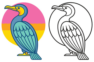Vibrant Illustration of a Cormorant Bird Against a Sunset Background with a Coloring Page Version