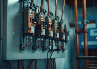 Industrial circuit breakers with copper wires in a control panel.