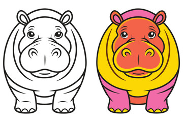 Adorable Cartoon Hippopotamus Coloring Page Illustration for Kids Featuring a Black and White Outline and a Vibrantly Colored Version