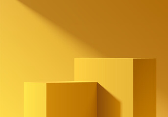 Yellow 3D cube box podium background with yellow clean empty wall scene. Minimalist studio mockup pedestal. Abstract stand product display presentation, Stage for showcase. Vector platform design.