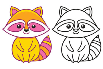 Adorable Cartoon Raccoon Coloring Pages for Kids Featuring a Cute Orange and Pink Raccoon and a Black and White Outline Version for Easy Printing and Creative Fun