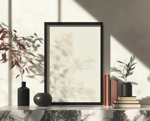 Blank frame mockup with plants, books, and shadows on marble surface.