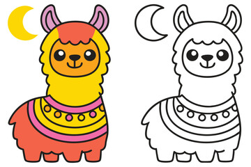 Adorable Llama Coloring Page with Moon Night Scene Cute Alpaca Illustration for Kids