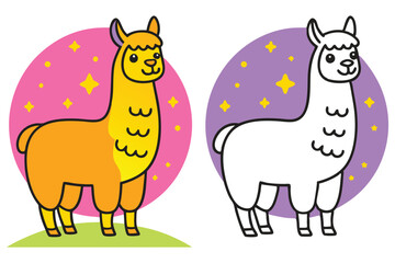 Adorable Orange and White Llama Coloring Page Illustration with Sparkling Background