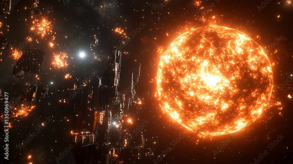 Poster an enormous star shines near celestial structures in space