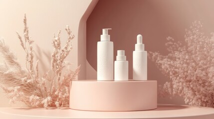 Minimalist display of cosmetic bottles on a pedestal, surrounded by dried flowers.  Possible use product advertisement