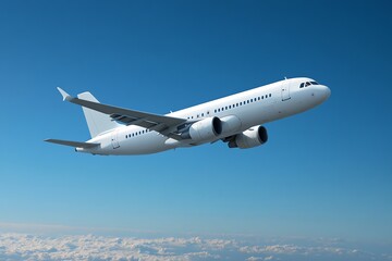 Obraz premium Airplane Flying Through Blue Sky with Clouds Below for Travel Concept