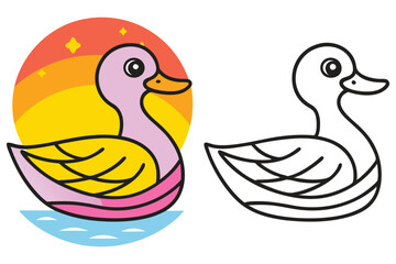 Adorable Cartoon Duck at Sunset  A Coloring Page Illustration Featuring a Cute Duckling Swimming in Water with a Vibrant Sunset Background