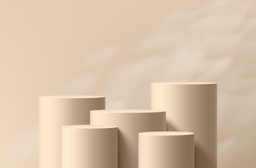 3D beige cylindrical podium set with leaf shadow overlay wall background. Minimalist mockup pedestal, Abstract cosmetic product display presentation, Stage showcase. Platforms vector geometric design.