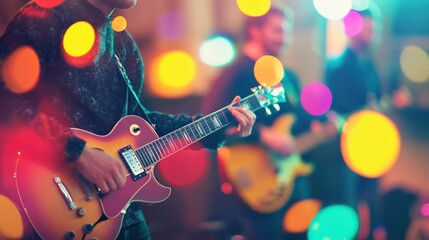 Guitarist performing onstage with bandmates amidst a vibrant display of bokeh lights creating an energetic and captivating musical atmosphere