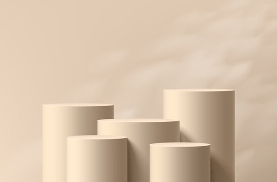 3D beige cylindrical podium set with leaf shadow overlay wall background. Minimalist mockup pedestal, Abstract cosmetic product display presentation, Stage showcase. Platforms vector geometric design.