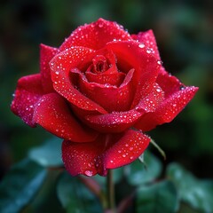 Vibrant red rose with dewdrops, symbolizing love and freshness.