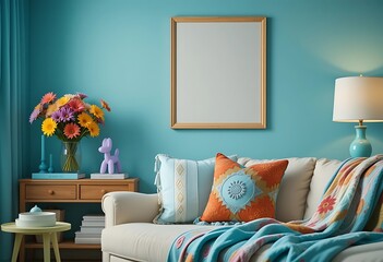 A living room with a couch, flowers, and a picture frame on the wall