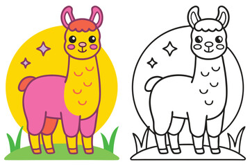 Obraz premium Adorable Llama Illustration and Coloring Page Cute Alpaca Cartoon Animal Design for Kids