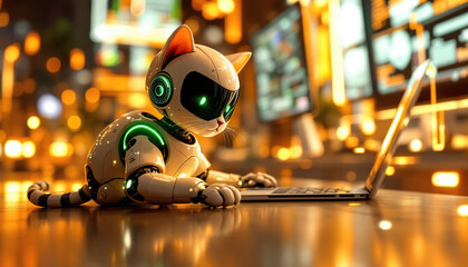 A futuristic robotic cat works intently on a laptop computer