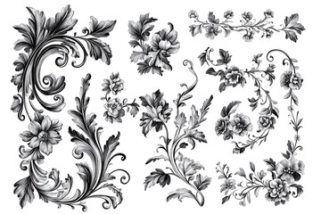 Ornate floral design elements black and white vintage style isolated on transparent background