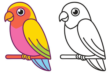 Adorable Colorful Lovebird Perched on a Branch Illustration with Coloring Page