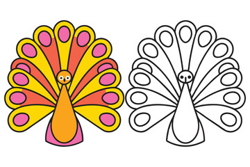 A Colorful Peacock and Its Outline for Coloring Pages A Fun Illustration for Kids