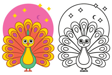 Adorable Cartoon Peacock Coloring Page Illustration with Pink Background and Stars