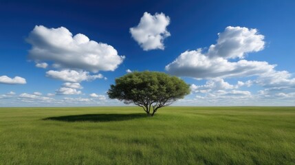 Obraz premium Solitary tree in a vast field under a clear sky. Lush green grass and puffy white clouds