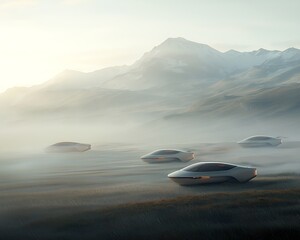 Obraz premium Futuristic Cars Misty Mountain Drive.