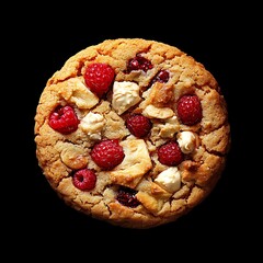 Gourmet Raspberry and White Chocolate Cookie on Black Background – Dessert Photography