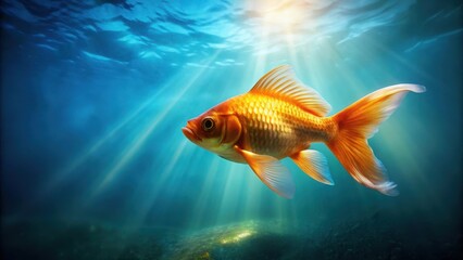A vibrant orange fish gracefully swims in an underwater paradise, bathed in the ethereal glow of sunlight penetrating the deep blue water.