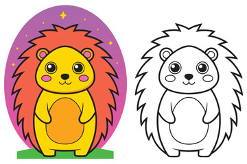 Adorable Cartoon Hedgehog Illustration Color and Line Art Version for Kids Coloring Book