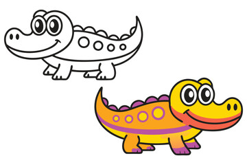 Adorable Cartoon Alligator Coloring Page Illustration Featuring a Cute Smiling Reptile Character in Black and White and Vibrant Yellow and Pink