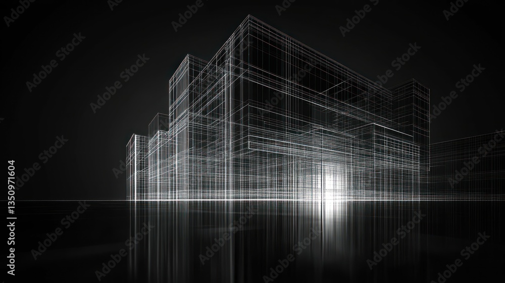 Poster abstract architectural building structure, 3d wireframe city reflection. illustration for architectu