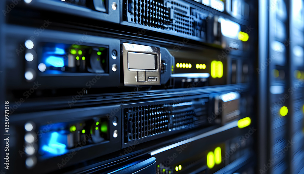 Poster close-up of powerful server rack, showcasing data center technology and high-performance computing i
