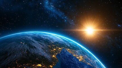 Obraz premium Sunrise Over Earth with Galaxy and Stars Visible in Background