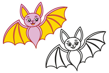 Adorable Cartoon Bat Illustration Coloring Page Featuring a Cute Pink Bat and a Black and White Outline Version for Kids