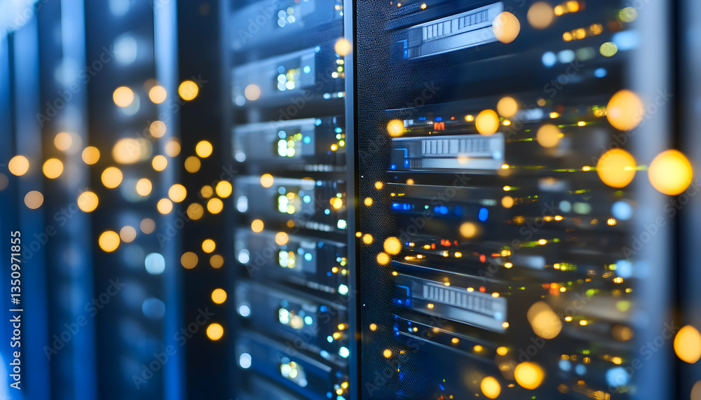 Poster illuminated server racks in a data center, showcasing technological advancements and network infrast