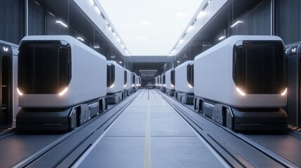 Fototapeta premium Futuristic Automated Transportation System: Autonomous Vehicles in a Modern Warehouse
