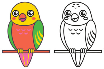 Adorable Cartoon Parrot Perched on a Branch Coloring Page Illustration Featuring a Colorful Parrot and a Black and White Outline Version for Kids