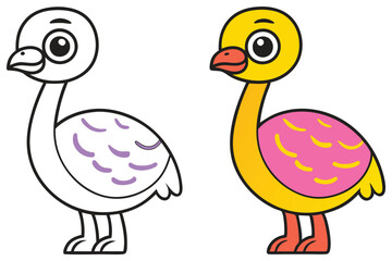Adorable Cartoon Bird Coloring Page Illustration Featuring a Cute Ostrich Chick in Two Versions One Ready to Color and One Already Colored Yellow and Pink