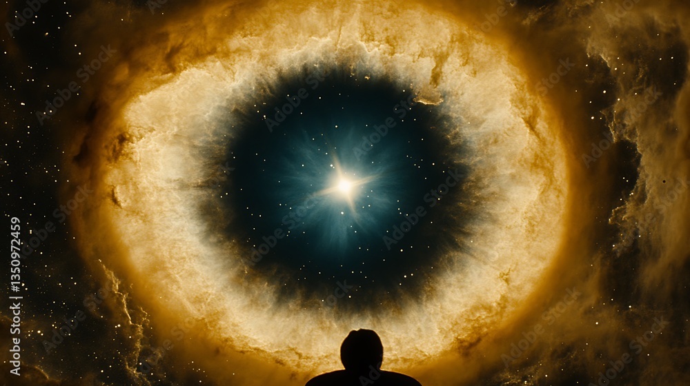 Poster person observing a bright celestial object in deep expansive outer space