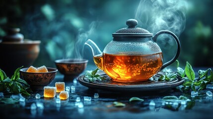 Steaming tea pot in a garden setting, with sugared treats and herbal tea