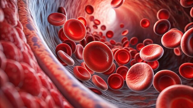 Blood cells flowing through a vein in close-up detail