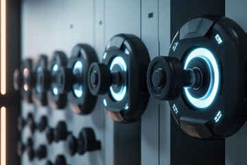 A futuristic fitness center with a sleek, minimalist dumbbell rack, featuring ergonomic hand grips and LED backlit weight markers.