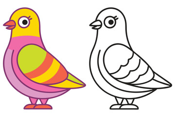 Cute Colorful Bird and its Outline Drawing for Kids Coloring Book Page
